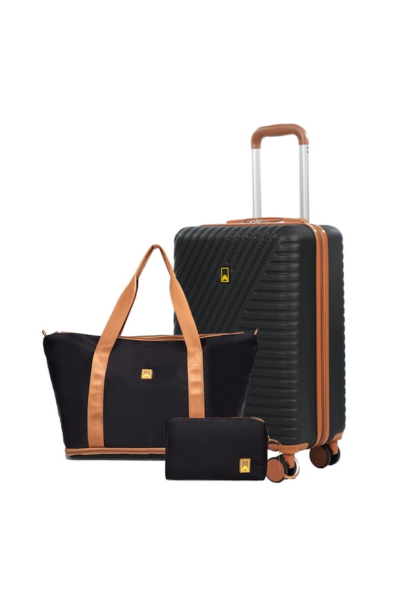 3 Piece Carry on Luggage Sets, Hardside Suitcase Set with Double Spinner Wheels, Expandable Travel Bag and Toiletry Bag, Black