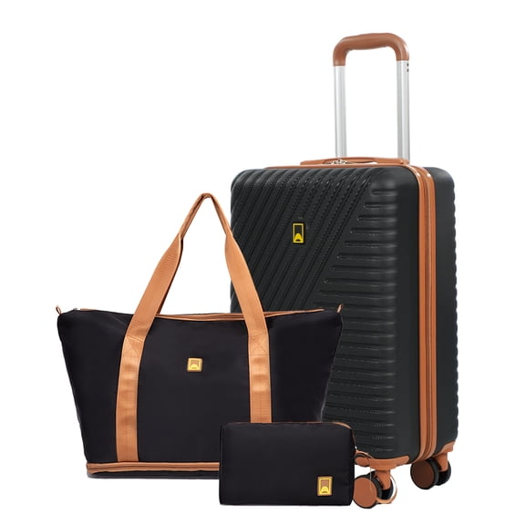 3 Piece Carry-on Luggage Sets, Hardside Suitcase Set with Double Spinner Wheels, Expandable Travel Bag and Toiletry Bag, Black