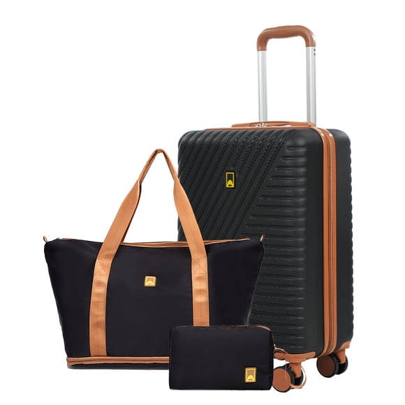 3 Piece Carry on Luggage Sets, Hardside Suitcase Set with Double Spinner Wheels, Expandable Travel Bag and Toiletry Bag, Black