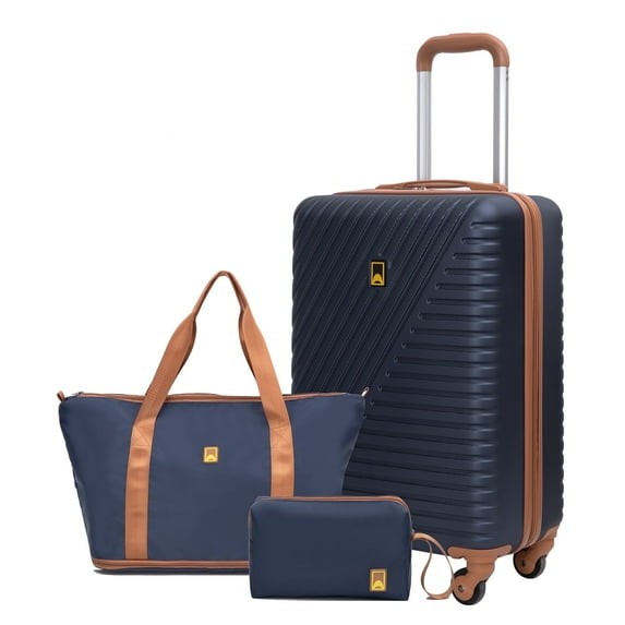 3 Piece Carry-on Luggage Sets, Hardside Suitcase Set with Double Spinner Wheels, Expandable Travel Bag and Toiletry Bag, Blue