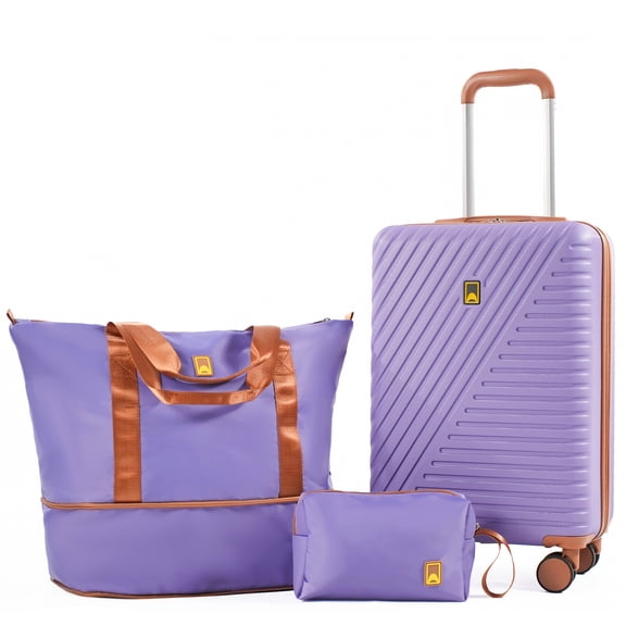 3 Piece Carry on Luggage Sets, Hardside Suitcase Set with Double Spinner Wheels, Expandable Travel Bag and Toiletry Bag, Light Purple