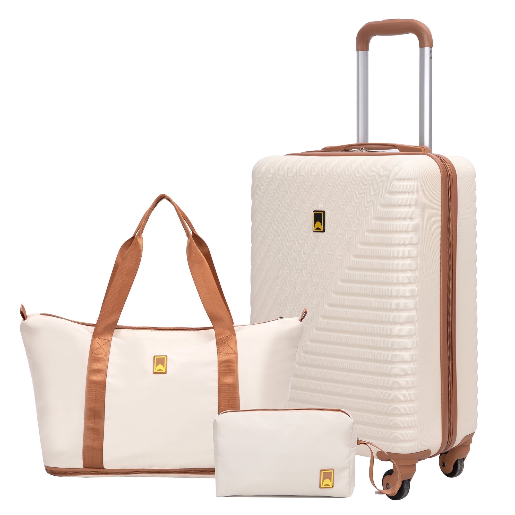3 Piece Carry on Luggage Sets, Hardside Suitcase Set with Double Spinner Wheels, Expandable Travel Bag and Toiletry Bag, White
