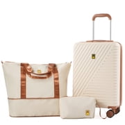 3 Piece Carry on Luggage Sets, Hardside Suitcase Set with Double Spinner Wheels, Expandable Travel Bag and Toiletry Bag, White