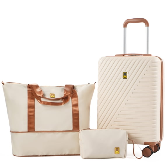 3 Piece Carry on Luggage Sets, Hardside Suitcase Set with Double Spinner Wheels, Expandable Travel Bag and Toiletry Bag, White