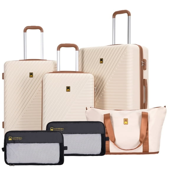 Landisun Luggage Sets 6 Piece Hardshell ABS Suitcase Set with TSA Lock, Travel Luggage with Portable Bag, Creamy White