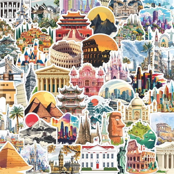 Landmark Building Stickers Pack Vinyl Waterproof Assorted World Architecture Decals for Luggage Laptop Water Bottle Scrapbook Travel Case DIY Decoration (50PCS)