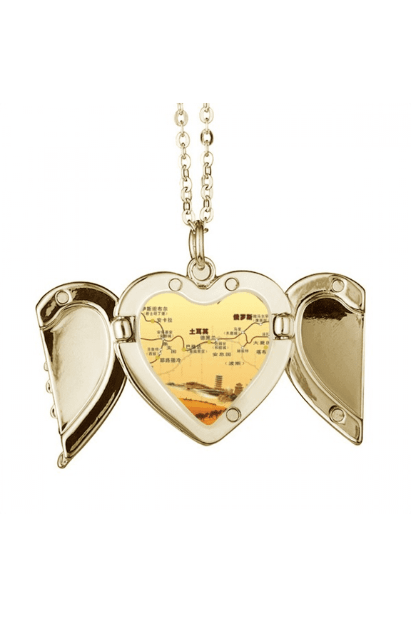 Landmark Camel Desert Journey Silk Road Map Folded Wings Peach Heart Pendant Necklace
