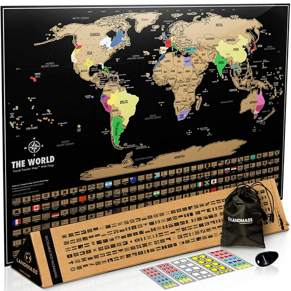 Landmass Goods Scratch Off Map of The World 17" x 24" Framed Poster
