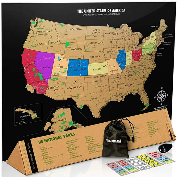 Landmass - Scratch Off Map Of The United States - USA Poster - US National Parks - State Capitals - America Print - Travel Wall Art - Decor - Gifts for Travelers - Unique Gift Ideas