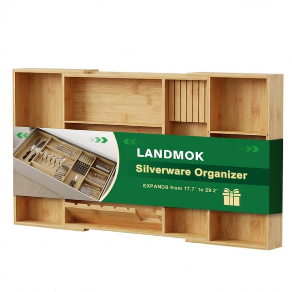 Landmok Bamboo Silverware Drawer Organizer, 17.7-29.5" Expandable Kitchen Utensil Holder with Cutlery Tray & Knife Block, 5-8 Adjustable Slots, Natural