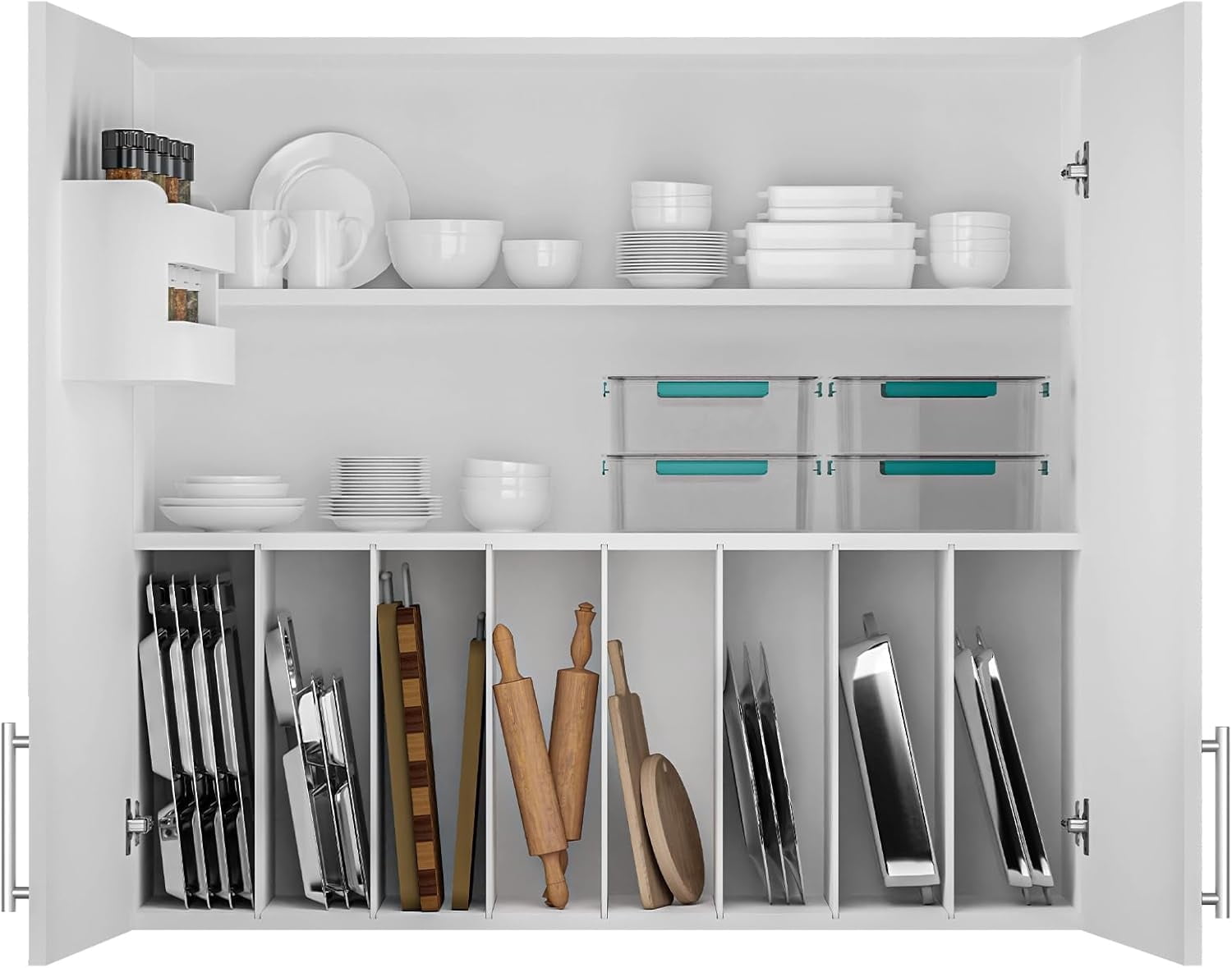 Landmok Kitchen Wall Cabinets, 12" D x 35" W x 32" H Wall Mounted Wooden Storage Cabinet with 1 Door Shelf & 7 Slide-Out Vertical Shelves, Soft Close Medicine Cabinet for Bathroom Laundry Room, White