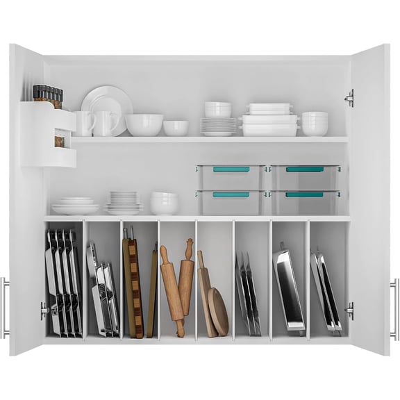 Landmok Kitchen Wall Cabinets, 12" D x 35" W x 32" H Wall Mounted Wooden Storage Cabinet with 1 Door Shelf & 7 Slide-Out Vertical Shelves, Soft Close Medicine Cabinet for Bathroom Laundry Room, White