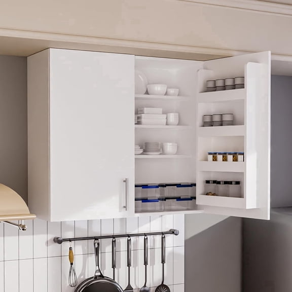 Landmok Wall Cabinets, Double Door Cabinet with Soft Close, Metal Handle, Adjustable Shelf, for Kitchen, Garage, Laundry, Bathroom, White