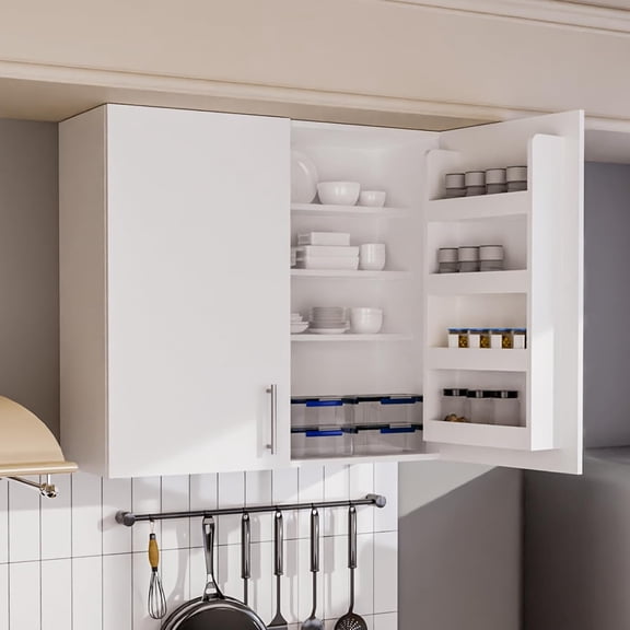 Landmok Wall Cabinets, Double Door Cabinet with Soft Close, Metal Handle, Adjustable Shelf, for Kitchen, Garage, Laundry, Bathroom, White