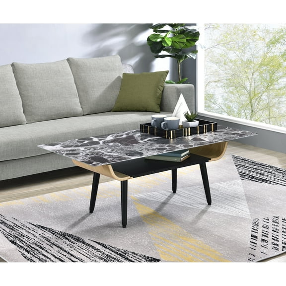Landon 47" Coffee Table with Striking Glass Top and Modern Bent Wood Design