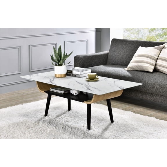 Landon 47" Coffee Table with White Marble Texture Glass Top and Bent Wood Design