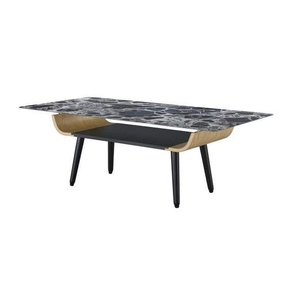 Landon Coffee Table with Glass Black Marble Texture Top and Bent Wood Design