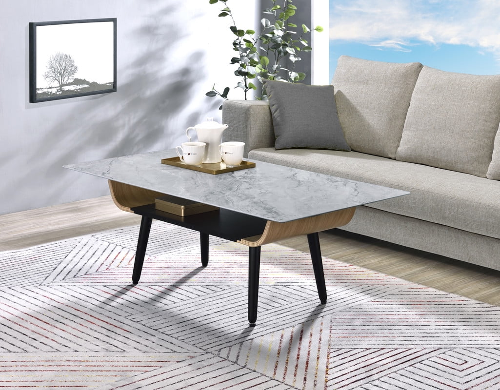 Landon Collection Elegant Coffee Table with Glass Top and Marble Texture