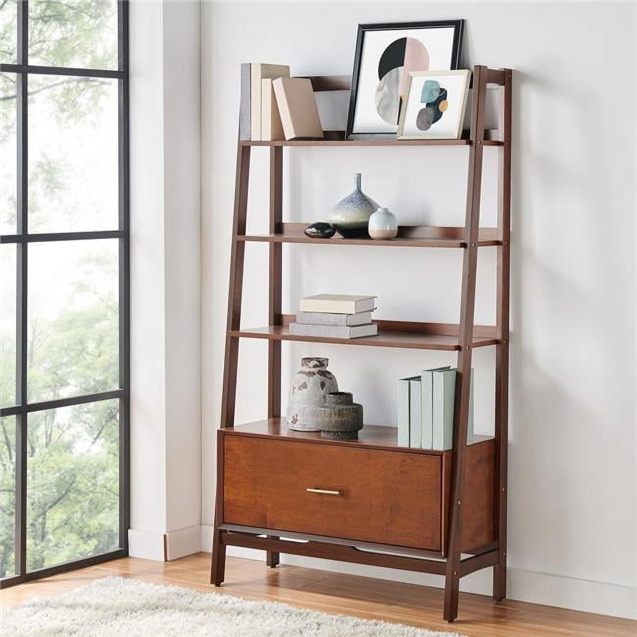 Mahogany Mid-Century Modern Ladder Bookcase with Drawer