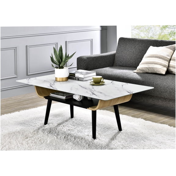 Landon Modern Coffee Table with White Marble Glass Top and Curved Wood Base for Living Room