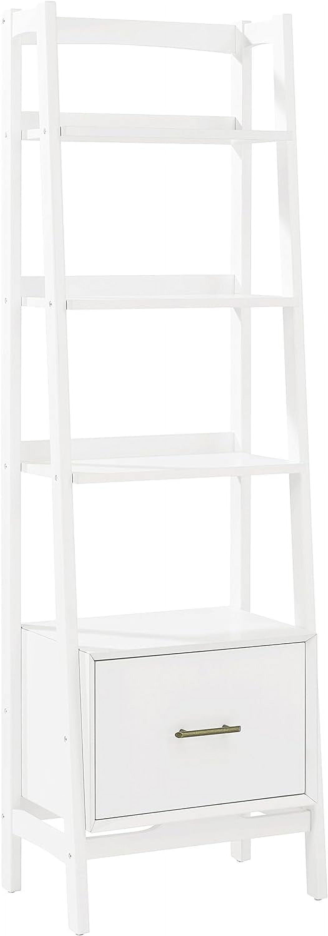 Mid-Century Modern White Wood Ladder Bookcase with Drawer
