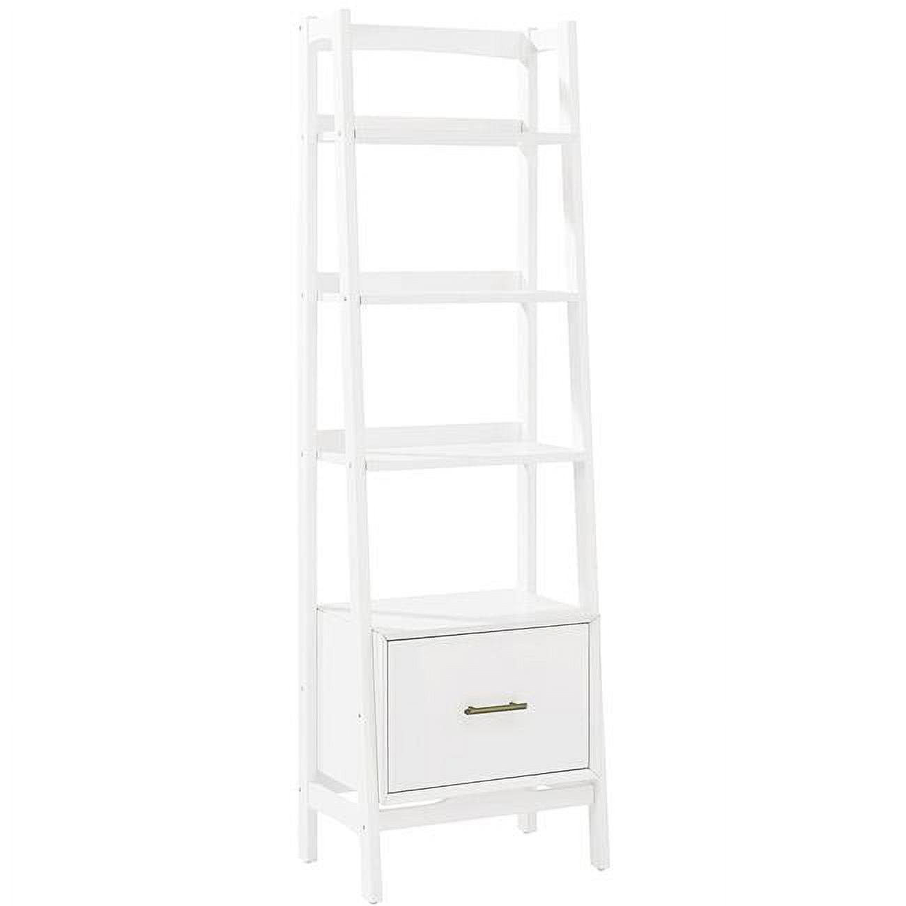 Mid-Century Modern White Wood Ladder Bookcase with Drawer