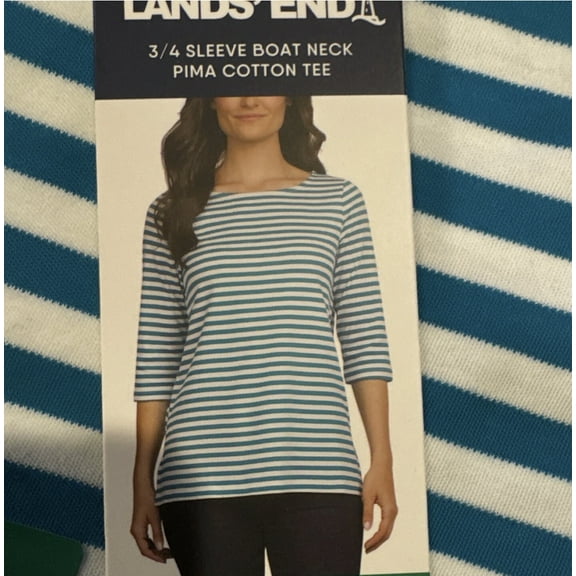 Lands' End 3/4 Sleeve Boat Neck Pima Cotton Tee. Blue. Size Medium