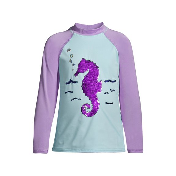 Lands' End Girls Plus Long Sleeve Sequin Mock Neck UPF 50 Swim Rash Guard