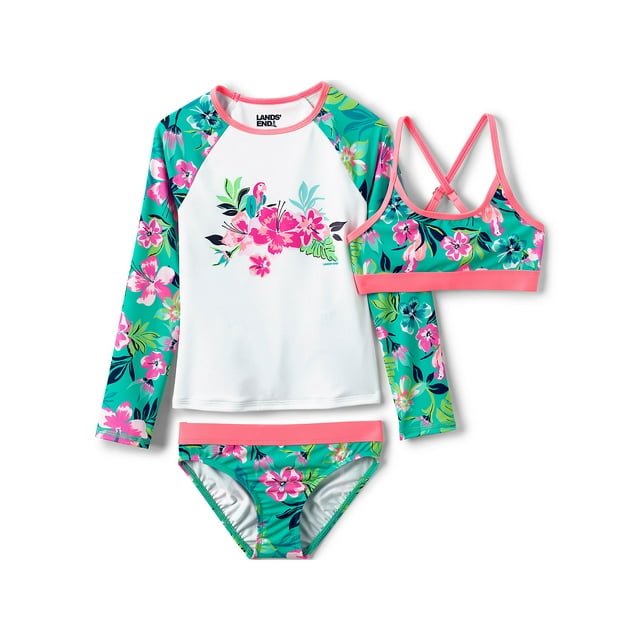 Lands' End Girls Slim Rash Guard Swim Top Bikini Top and Bottoms UPF 50