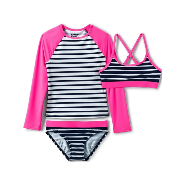 Lands' End Girls Slim Rash Guard Swim Top Bikini Top and Bottoms UPF 50
