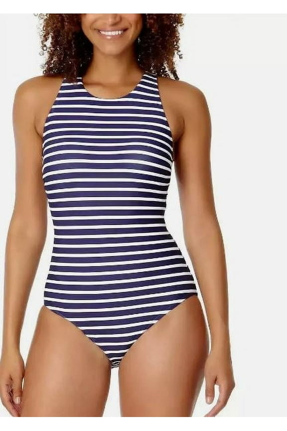 Navy Stripe High Neck Open Back Swimsuit Fully Lined, Navy, L