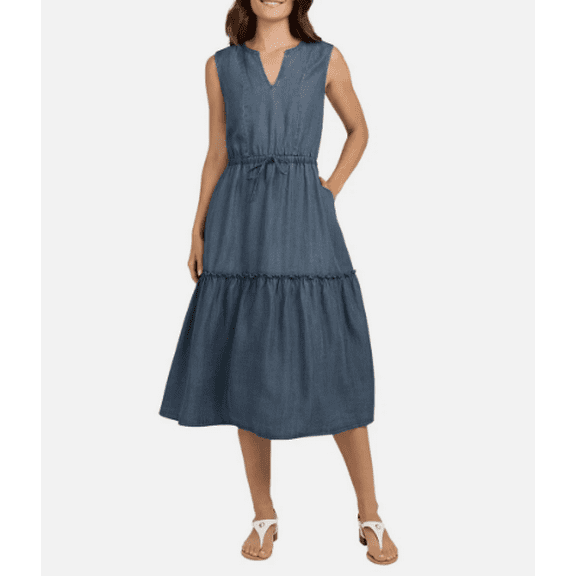 Lands' End Ladies' Tiered Midi Dress Blue XL