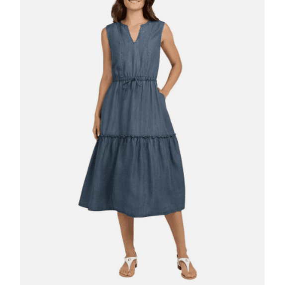 Lands' End Ladies' Tiered Midi Dress Blue XL