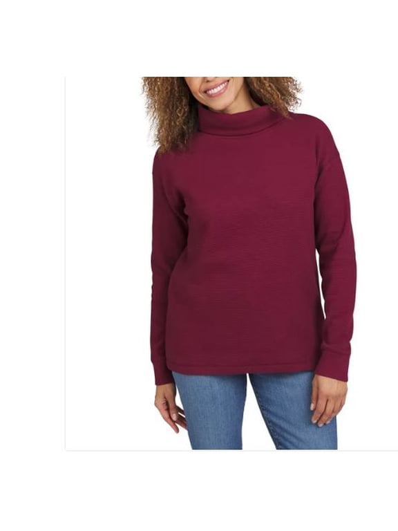 Ladies' Waffle Funnel Neck Sweater Top, Red XL