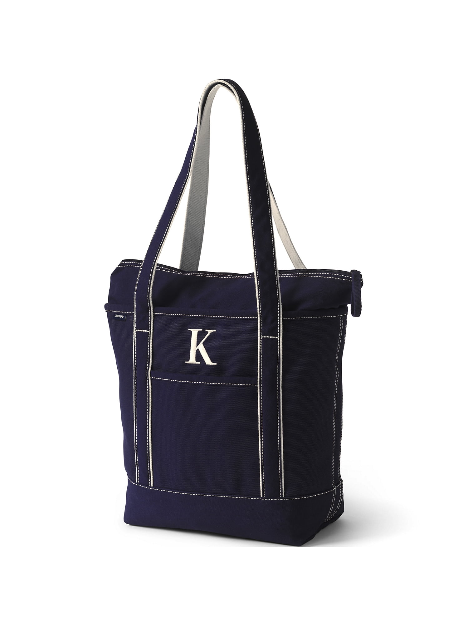 Lands' End Medium Solid Color 5 Pocket Zip Top Long Handle Canvas Tote