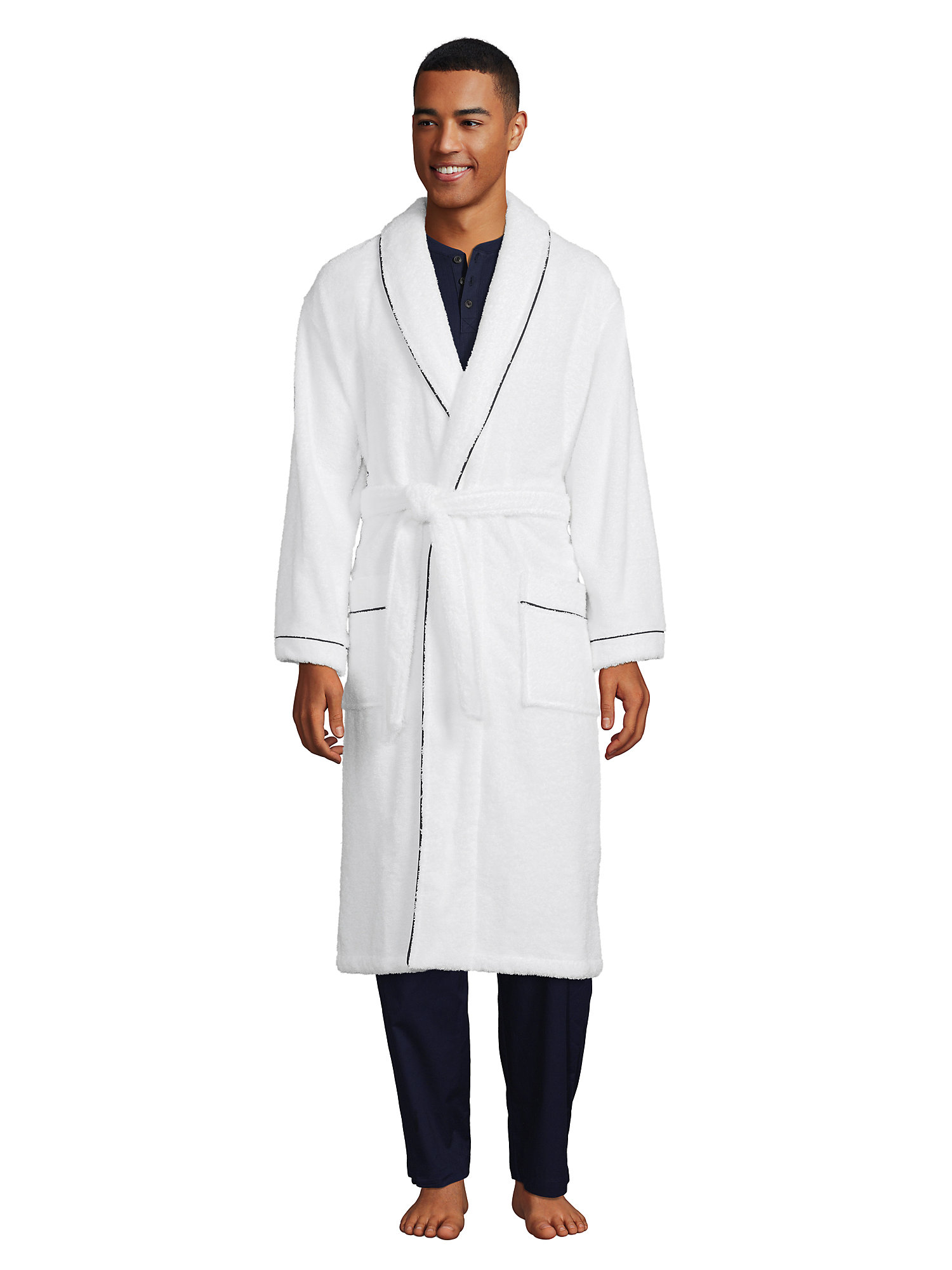 Lands' End Men's Calf Length Piped Turkish Terry Robe