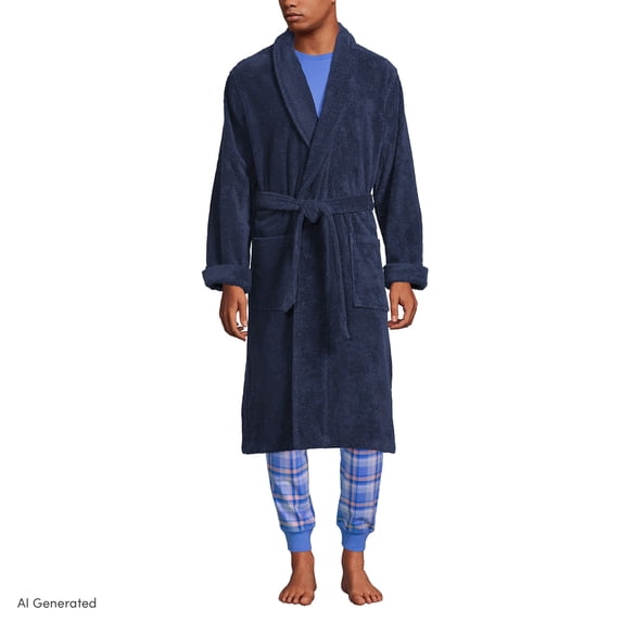 Lands' End Men's Full-Length Turkish Cotton Terry Bathrobe – 55" Length | Plush, Absorbent, 2 Pockets, Spa Comfort