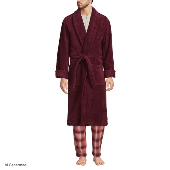 Lands' End Men's Full-Length Turkish Cotton Terry Bathrobe – 55" Length | Plush, Absorbent, 2 Pockets, Spa Comfort