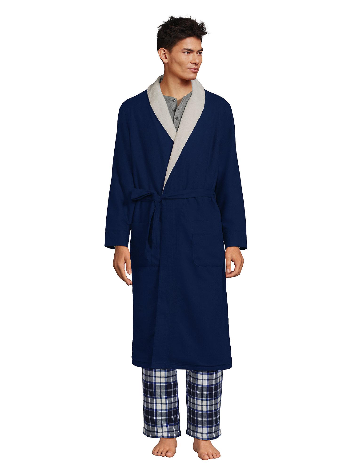 Lands' End Men's High Pile Fleece Lined Flannel Robe