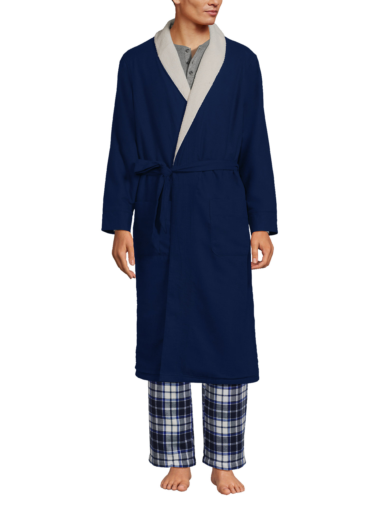 Lands' End Men's High Pile Fleece Lined Flannel Robe