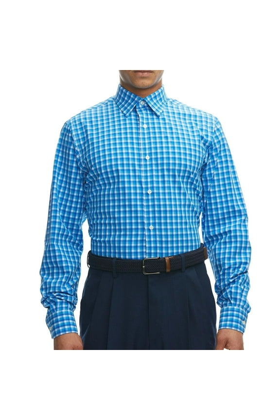 Lands End Mens Non-Iron Regular Fit Dress Shirt | 15-15.5" Neck 32/33" Sleeve, Dark Blue Plaid