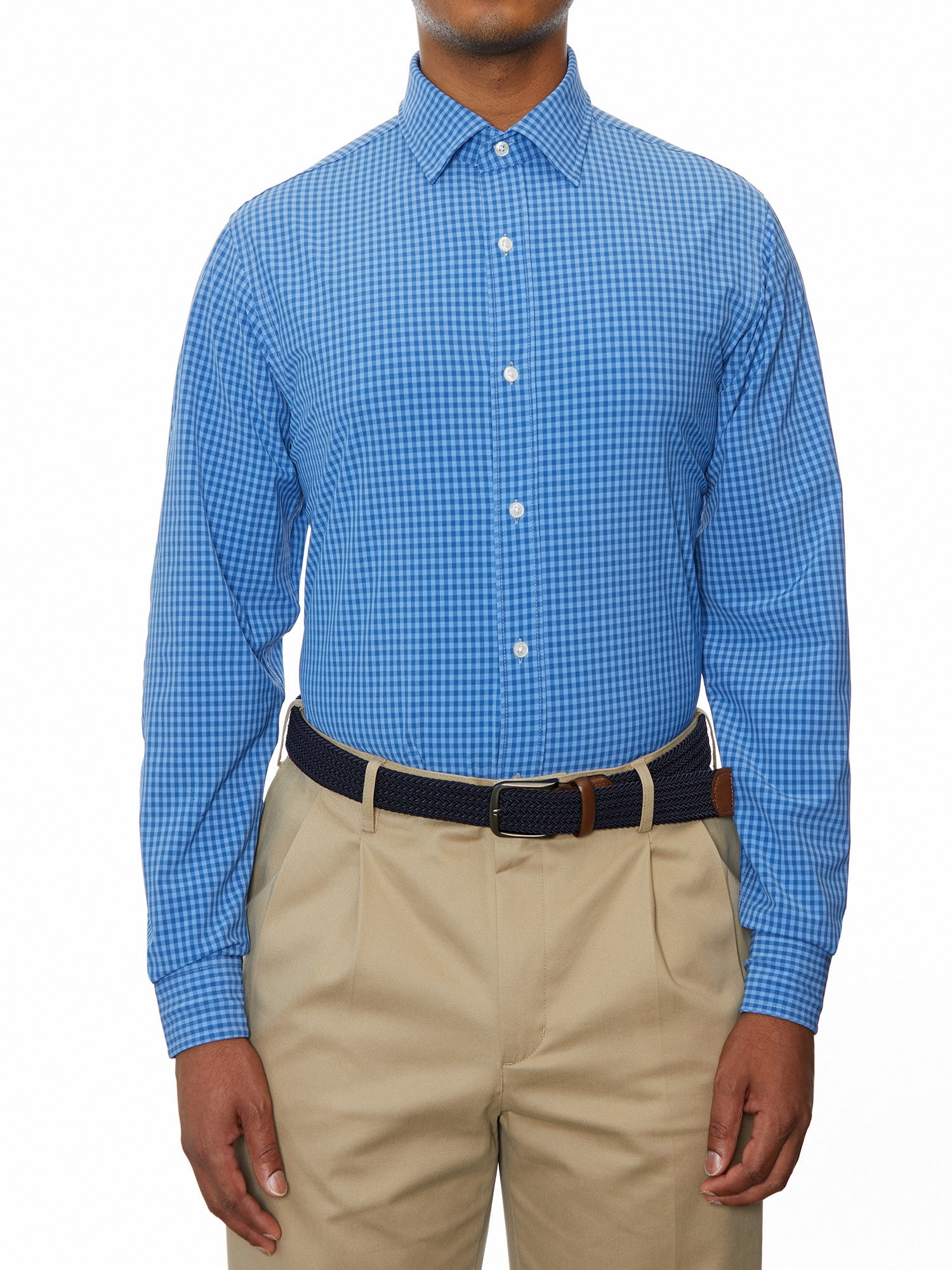 Lands' End Mens Regular-Fit Blue Gingham Dress Shirt - Walmart.com