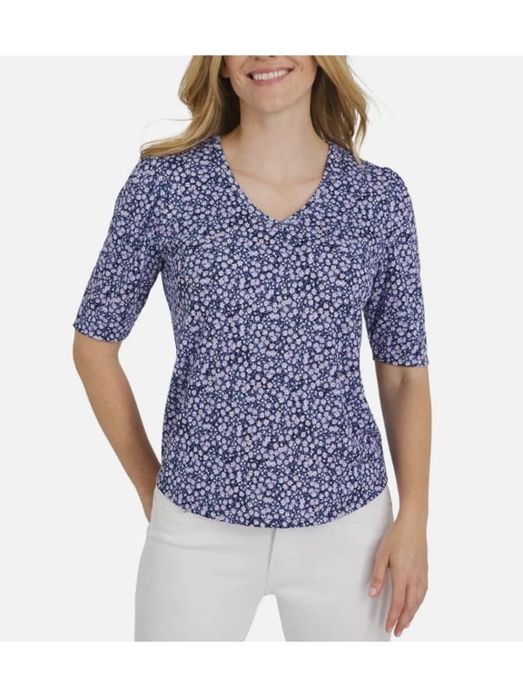 Pointelle Blue Floral V-Neck Elbow Sleeves Top, Women's XL