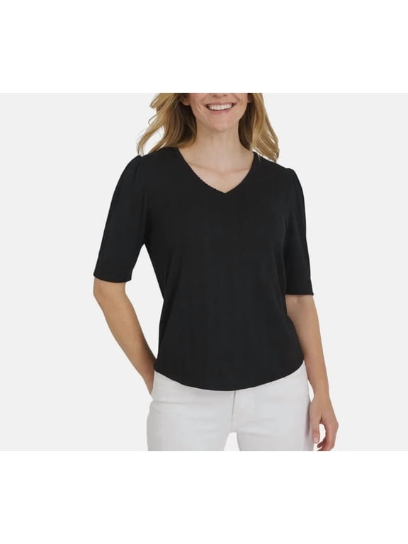 Pointelle V-Neck Elbow Sleeves Top, Women's XL