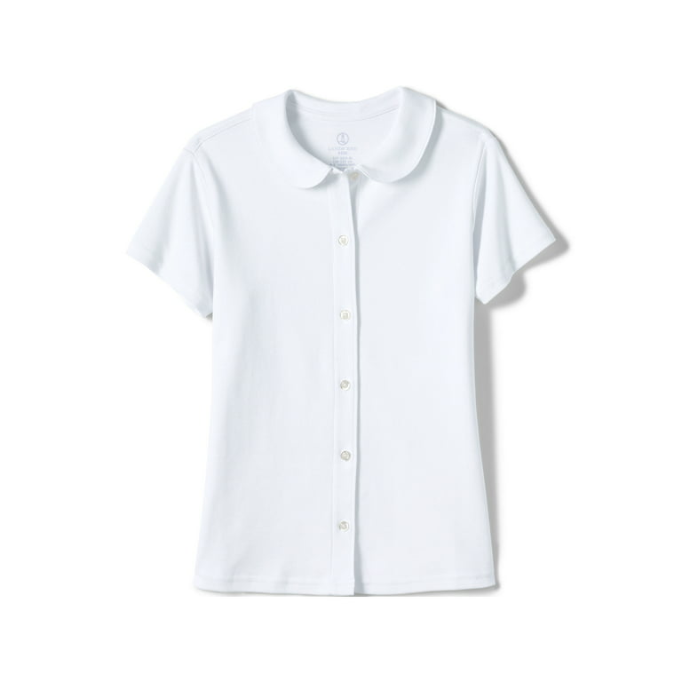 Lands' End School Uniform Girls Short Sleeve Button Front Peter Pan Collar  Knit Shirt