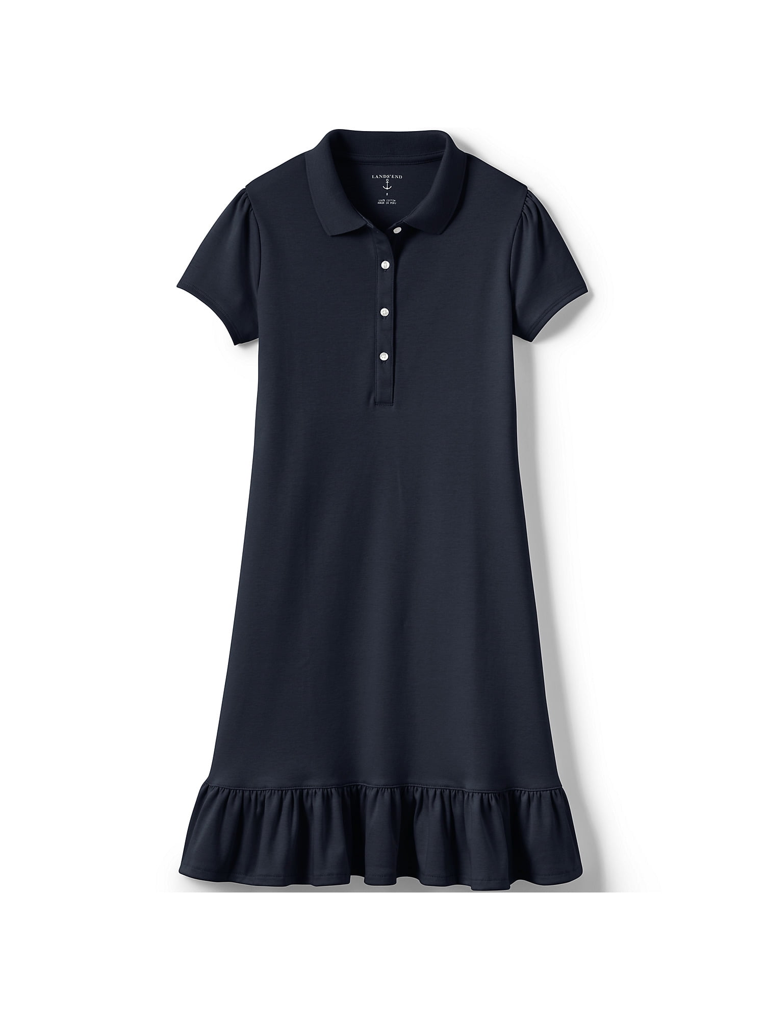 Lands End School Uniform Girls Short Sleeve Knit Bottom Ruffle Dress Below the Knee