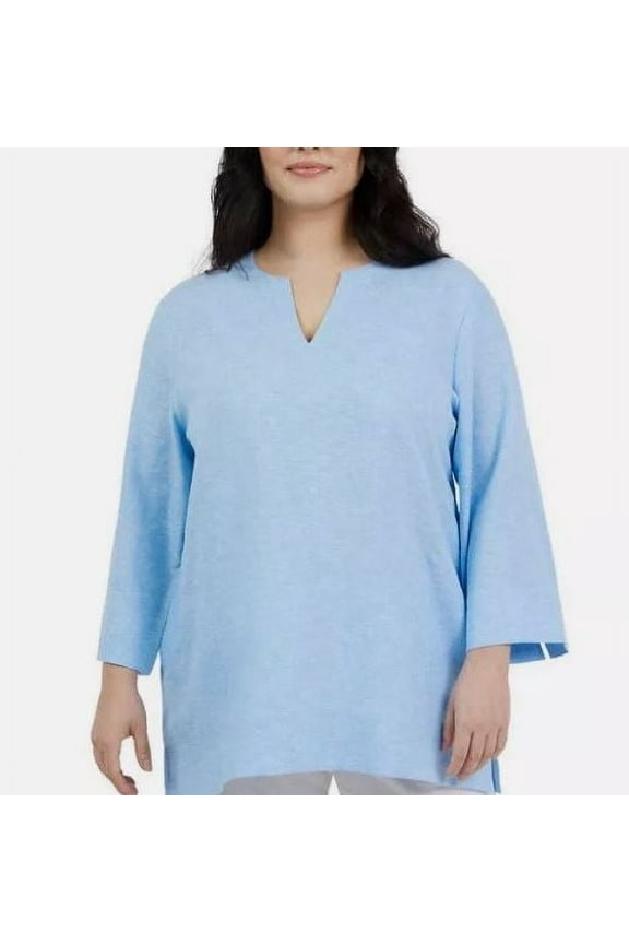 Woman’s 3/4 Sleeves Slits Notch Neck Linen Top, Blue Small