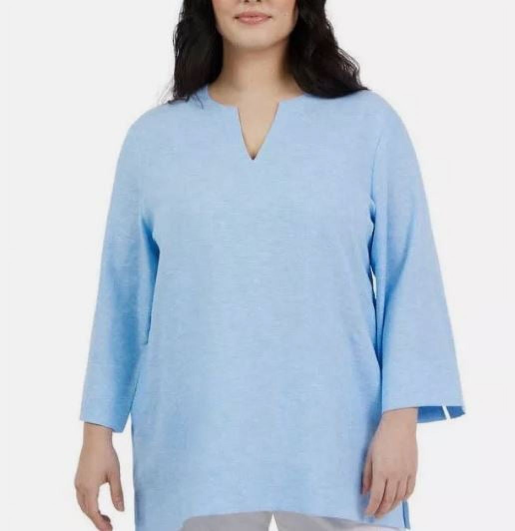 LANDS' END Womans 3/4 Sleeves Slits Notch Neck Linen Top, Blue XL