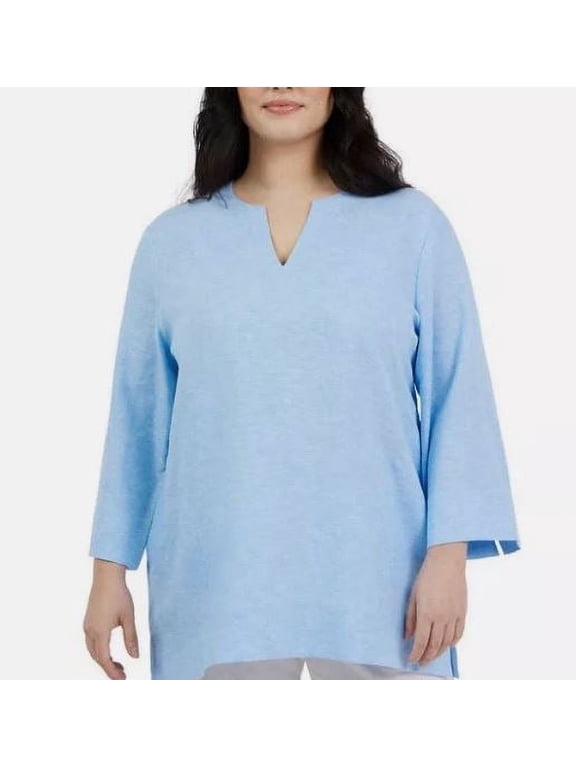 Womans 3/4 Sleeves Slits Notch Neck Linen Top, Blue XL