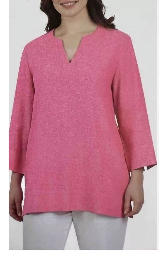 Woman’s 3/4 Sleeves Slits Notch Neck Linen Top, Pink Small